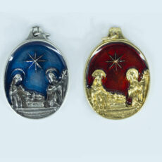 Medaglia presepe per albero natale galvanica oro o argento smalto rosso o azzurro cm 4,5